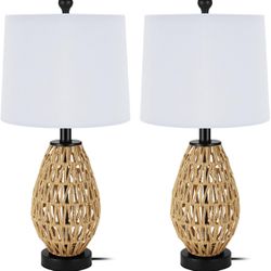 Coastal Table Lamps Set of 2, Retro Rattan Woven 24" Bedside Lamp