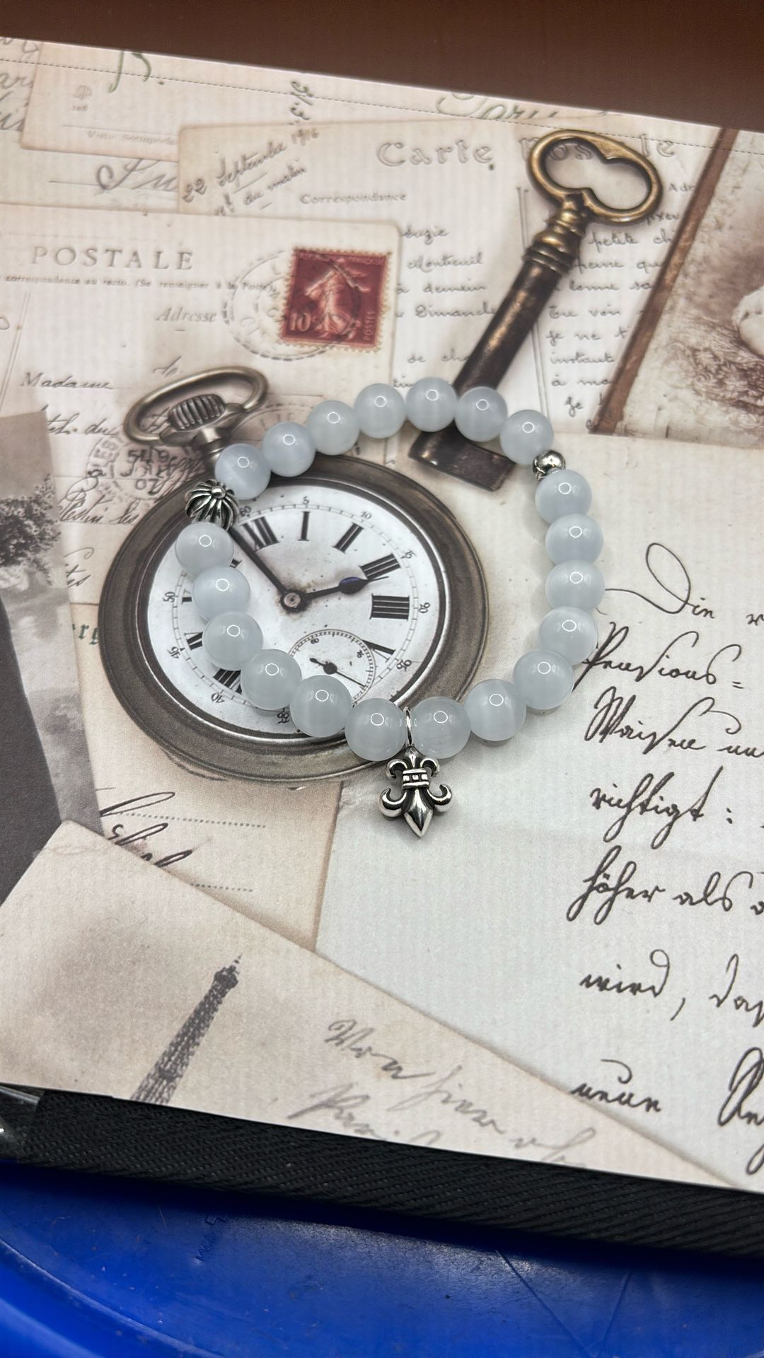 CHROME HEARTS HOWLITE 8MM 3 BEAD BRACELET W/ TINY Fleur De Lis CHARM