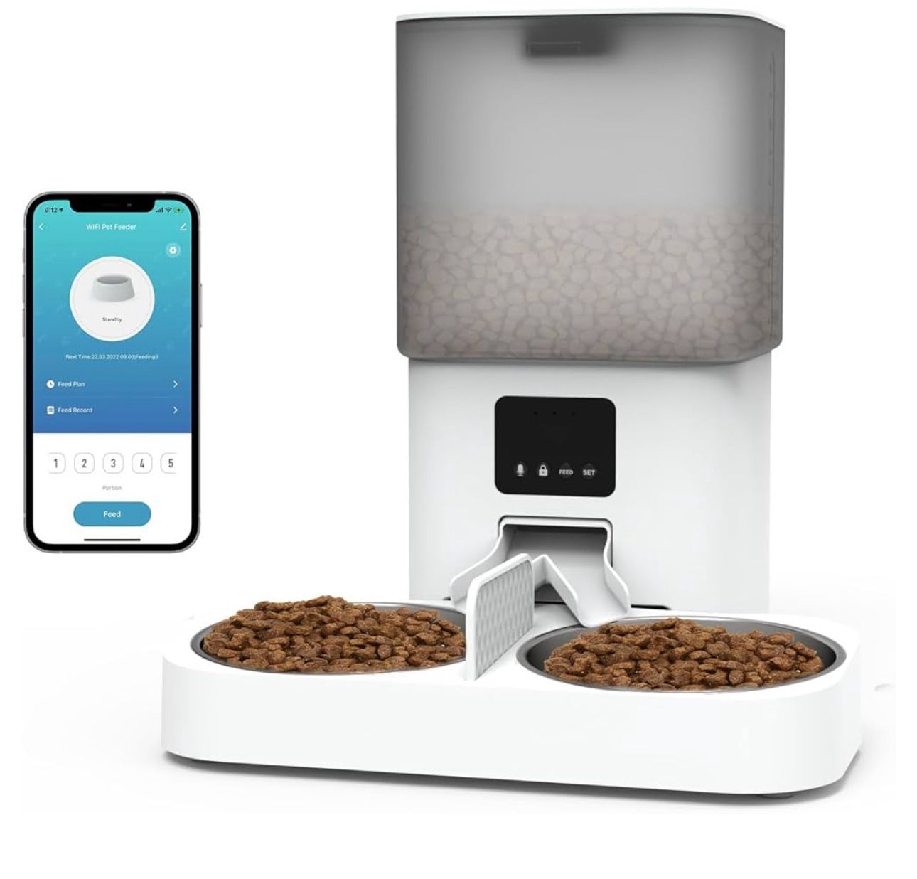 Automatic Cat Feeder for 2 Cats, 6L Dry Food Dual Auto Cat Feeder with APP Control/WiFi Connection/Feeding Schedule/Double Bowls