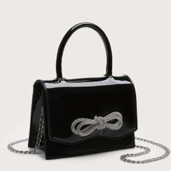 Mini Square Bag Rhinestone Bow Decor Top Handle Chain Square Bag
