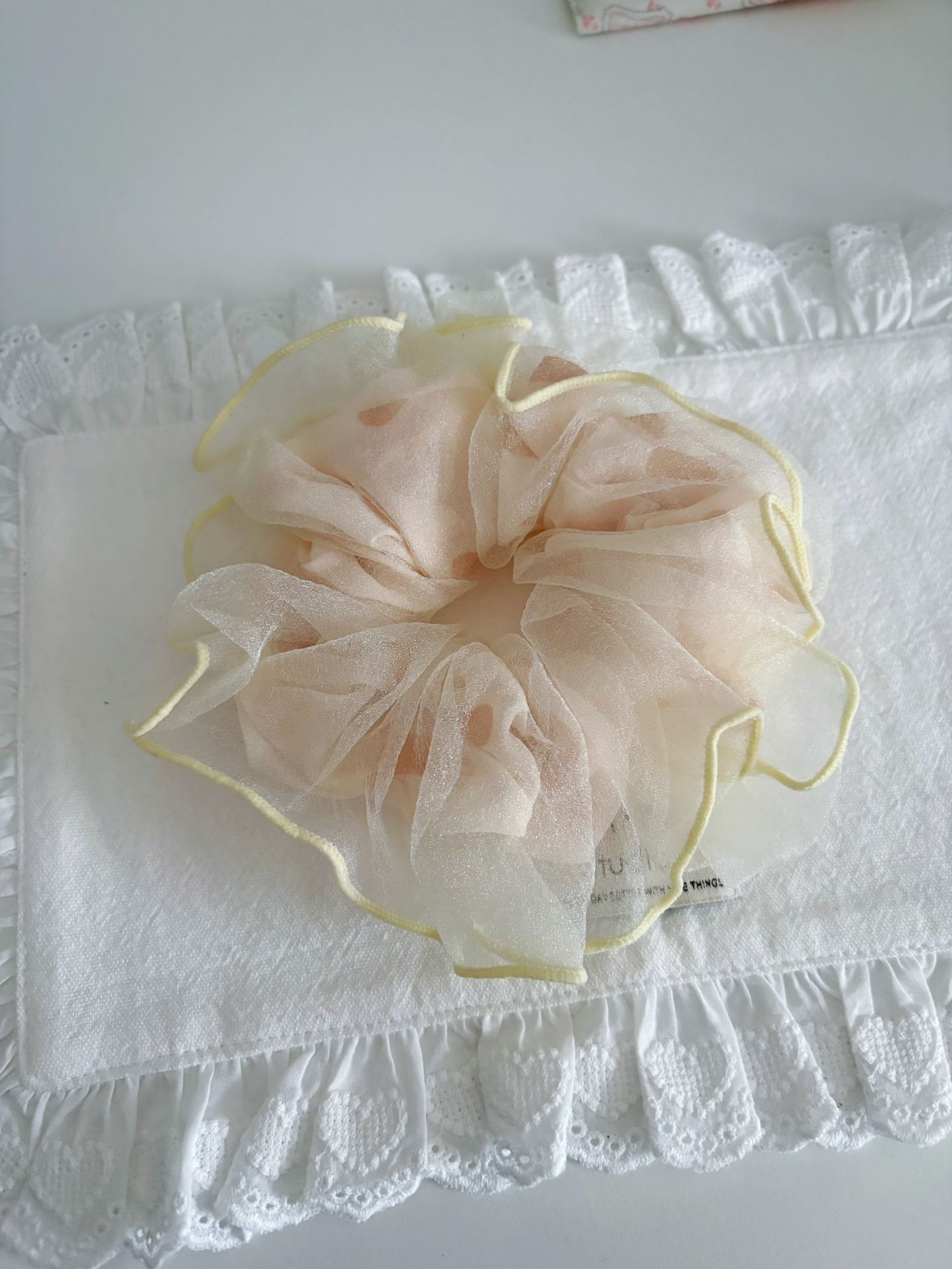 Light orange color with yellow white decoration scrunchie/hair tie