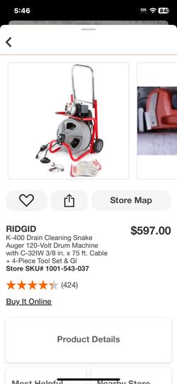 RIDGID K-400 Drain Cleaning Snake Auger 120-Volt Drum Machine with C-32IW 3/8 in. x 75 ft. Cable + 4-Piece Tool Set & Gl