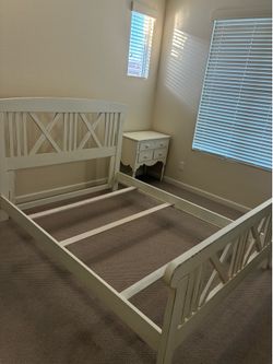 Queen bed frame & nightstand - white distressed