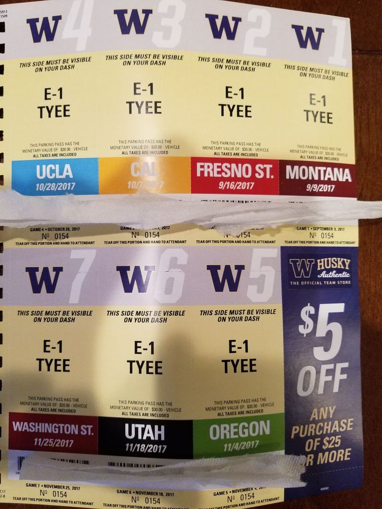 UW Tyee E-1 complete season parking pass.. best games left including Oregon/Apple cup