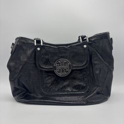 Tory Burch Black Crinkle Pebbles Leather Amanda Handbag