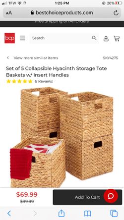 Set of 5 Collapsible Hyacinth Storage Tote Baskets w/ Insert Handles