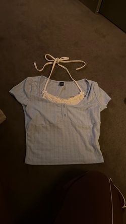 Light Blue Ribbed Crop Top with Lace Trim