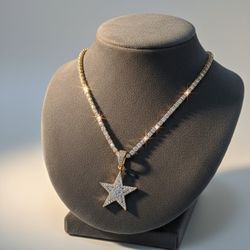 Iced Out Star Pendant with 5mm Tennis Chain - Silver/14K Gold Finish - Hip Hop Streetwear Jewelry