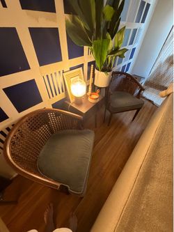 Pair of Vintage Cane Barrel Chairs with Velvet Cushions
