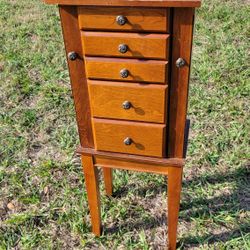 Wooden Jewelry Cabinet with Flip Mirror 5 Drawers 2 Side Doors 8 Necklace Hooks, Brown