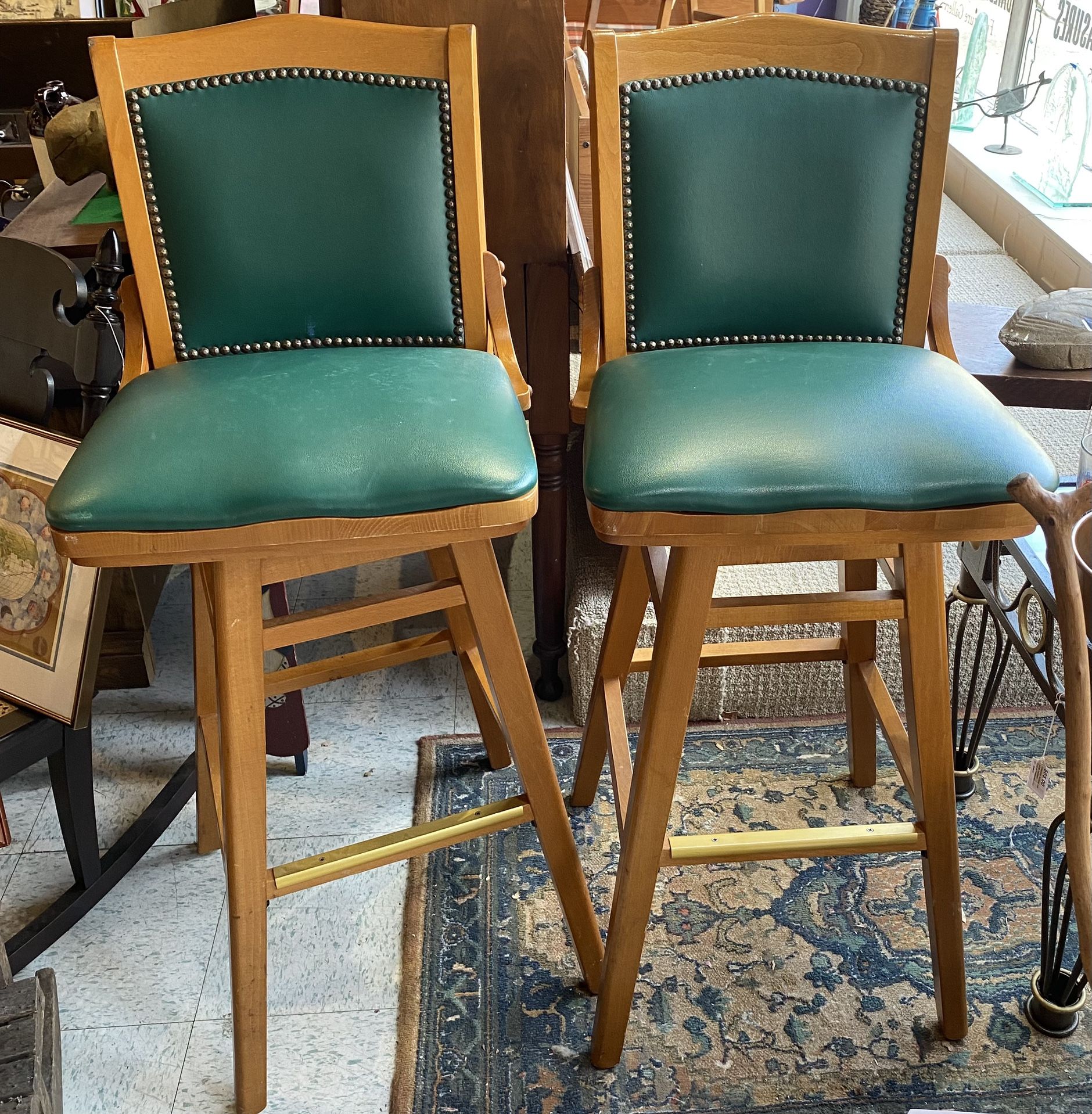 Pr Vintage Solid Oak Green Leather Executive Barstools 