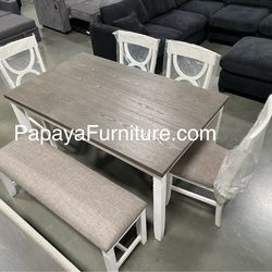 New! 6pcs White Rustic Dining Set, Dinette Set, Kitchen Table And Chairs, Table, Chairs, Bench, Casual Dining Set, Rectangular Dining Table, Dining Ro