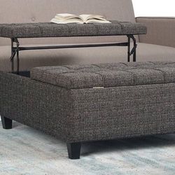 36 Inch Wide Square Coffee Table Lift Top Storage Ottoman in Upholstered Ebony Tufted Tweed Fabric, For the Living Room