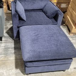 Chenille Oversized Accent Chair with Ottoman, 63" D Oversized Chair and Ottoman with Double Pocket, Reading Armchair with Extra Wide Armrests for Livi