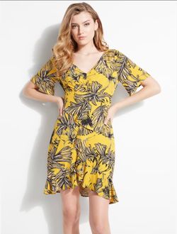 Yellow Tropical Print Wrap Mini Dress