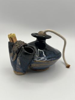 Unique Signed Pottery Oil Lamp