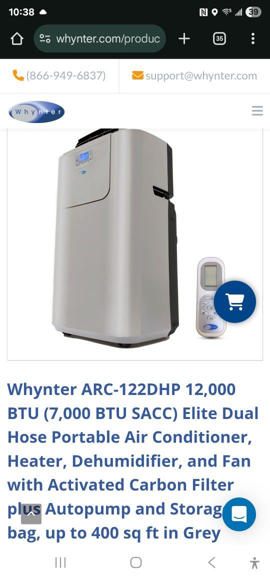 Whynter ARC 122DHP 12,000 BTU Elite Dual Hose Portable Air
