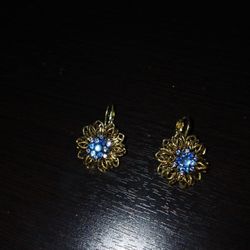 Gold Tone Filigree Blue Stone Earrings 