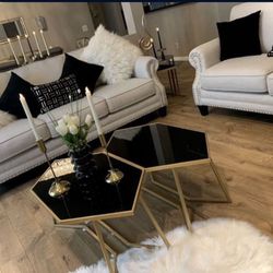 Beige Sofa Set With 2 Coffee Table Glass Top 