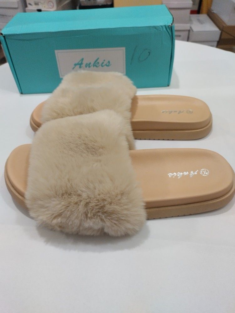 Ankis Fur Slides-Cute Chic Versatile Pretty Soft Platform Slides, Open Toe SZ 10