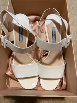Prada milano designer white patent leather shoes heel sandals Italy sz 40