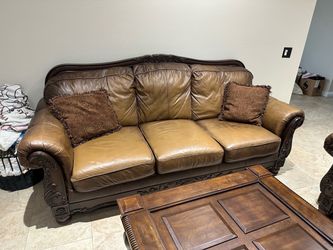 $100 or OBO Leather/Wood Sofas and Wooden/Glass Coffee Table