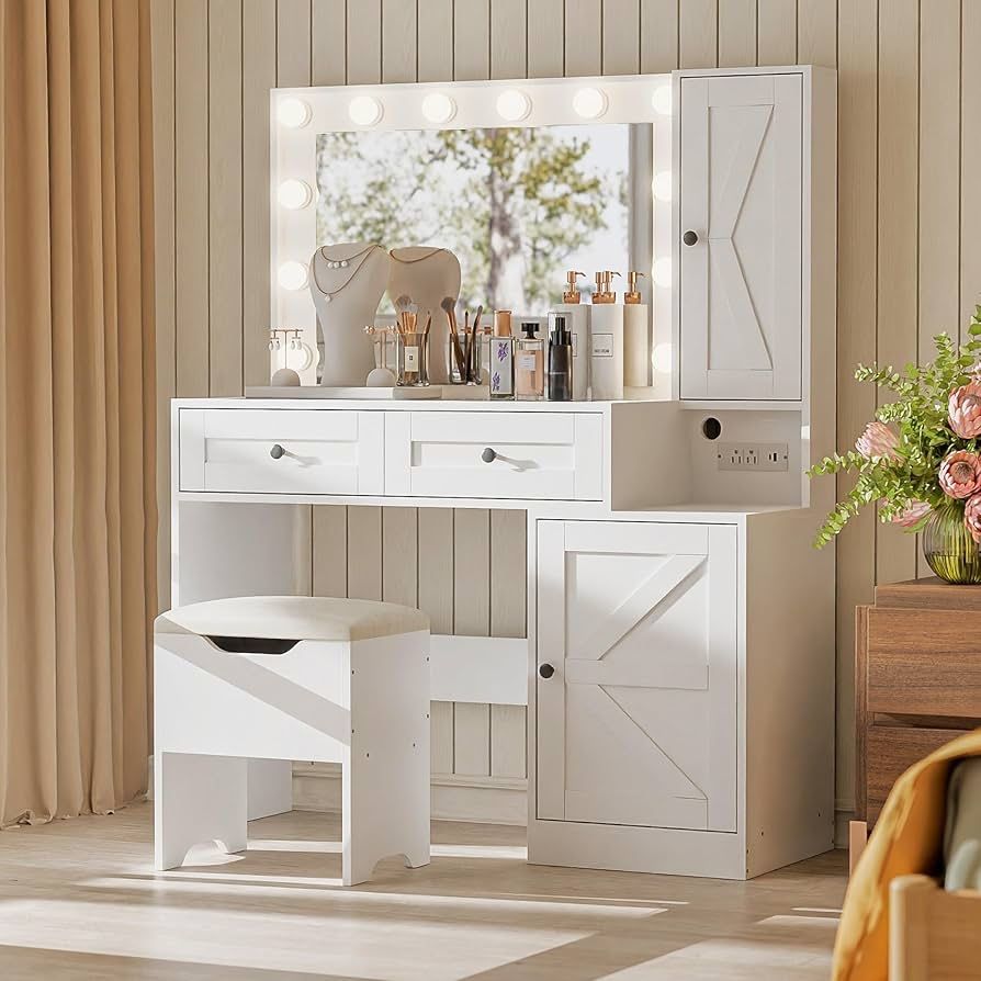 Farmhouse 43.3" Vanity Desk with Hollywood Makeup Mirror and Lights, White Vanity Set with 2 Drawers & 2 Cabinets, Large Vanity Desk with Vanity Stora