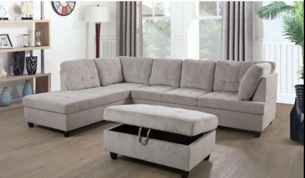 New Gray Chenille/Corduroy Sectional Sofa With Ottoman. New In Original Boxes