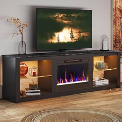 Bestier 70 Inch Fireplace TV Stand for TV up to 75", LED Entertainment Center with 23" Electric Fireplace Media Console Table for Living Room with Gla
