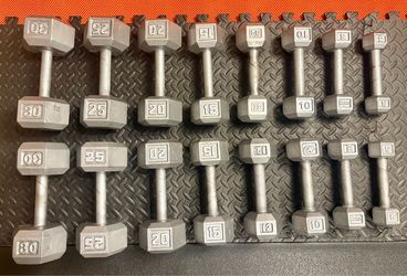 The Couple's Set... Cast Iron Hex Dumbbells: 5s, 8s, 10s, 12s, 15s, 20s, 25s and 30 pounders. Brute W= 250#