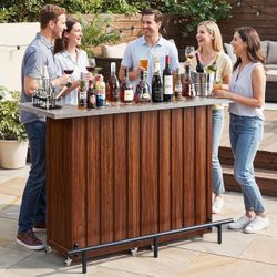 61" Foldable Bar Table, Mobile Party Bar Station on Lockable Wheel Counter Height Table w/Storage Cabinet Footrest Modern U-Shaped Home Coffee Bar Uni