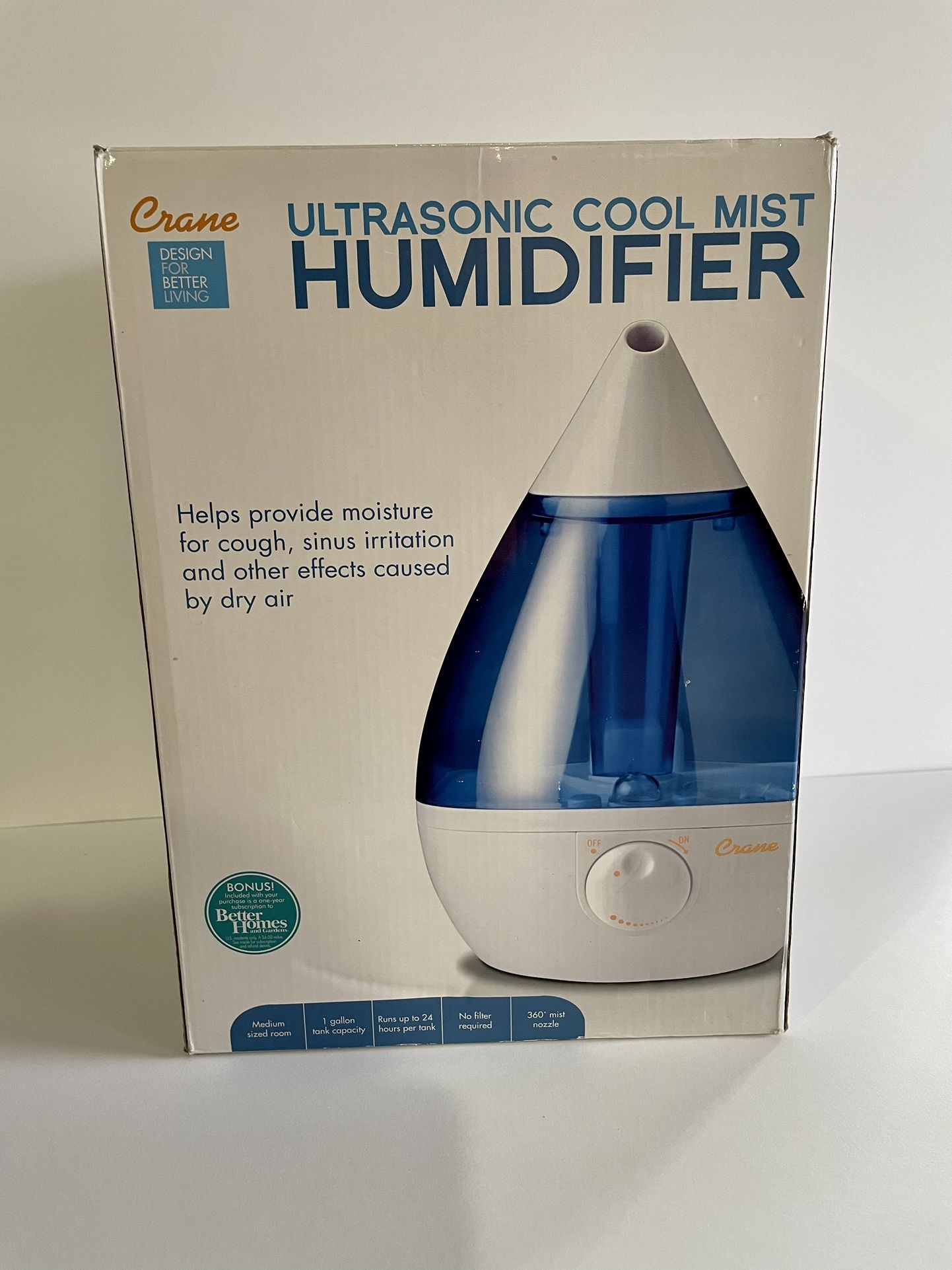 Crane Drop Ultrasonic Cool Mist Humidifier 1 Gallon 24hr RunTime Filter Free