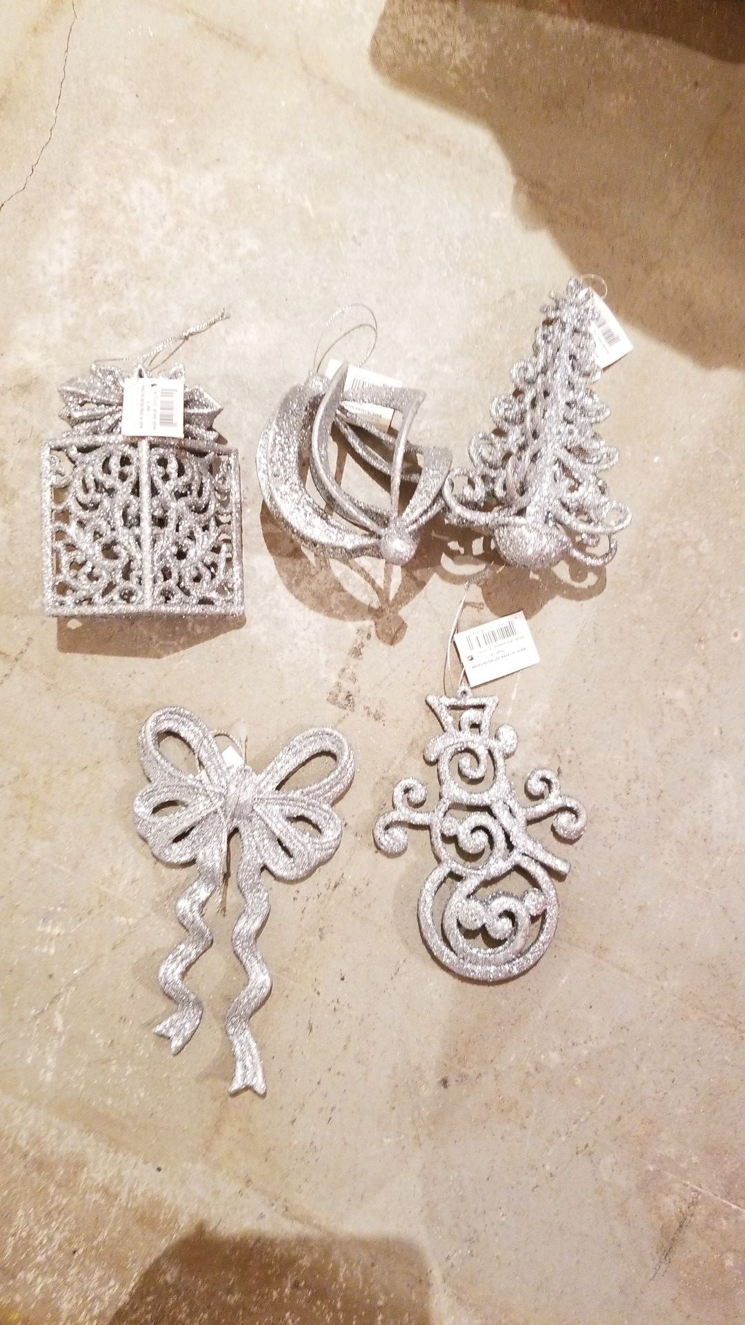 5 silver glitter ornaments