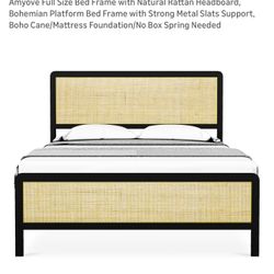 Full Size Bed Frame with Natural Rattan Headboard