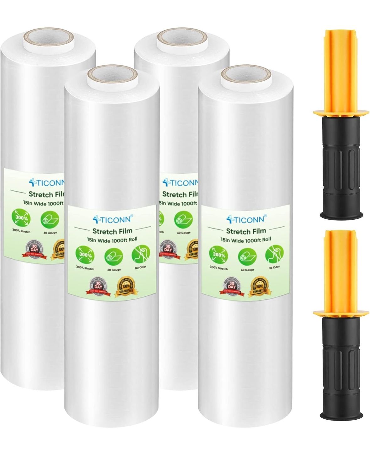TICONN 4Pk Stretch Wrap Stretch Film Roll, 1000ft Industrial Strength 15 inch Wide Clear Plastic Wrap with Handles for Pallet Wrapping Shipping Moving