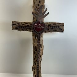 Unique Rustic Artisan Cholla Cactus Wood Cross With Glass Heart And Metal Work 14x22