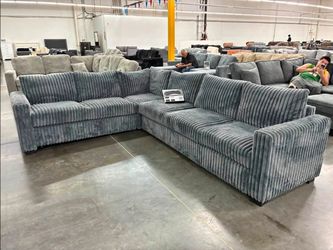 Large L-Shaped Sectional Sofa in Blue-Gray Corduroy