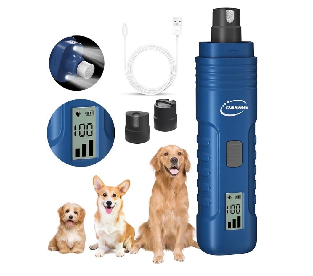 OASMG Professional 3-Speed Dog Nail Trimmers - Rechargeable, Quiet with LED Lights (Blue)