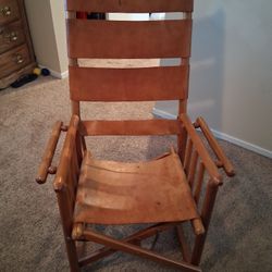 Costa Rican Campaign Style Teak Brown Leather Folding Rocker Rocking Chair With Foot Stool