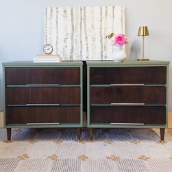 Mid Century Modern 2 Nightstands, Olive & Wood