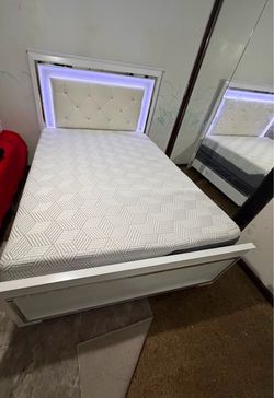 Full White Bed Frame with LED Headboard