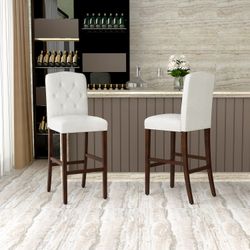 Homy Casa Lunon High Bar Stool Set of 2, White Tufted Upholstered Bar Chairs with Wood Legs,Open Box