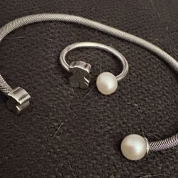 Authentic TOUS Mesh Bracelet Silver Tone And Ring Set With Pearl 925 Silver