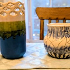 Abstract Blue Clay Pots with Decorative Accents