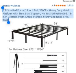 Full Size Bed Frame 18 inch Tall, 3500lbs Heavy Duty Metal Platform with Steel Slats Support, No Box Spring Needed, 18-inch Bedframe with Ample Storag
