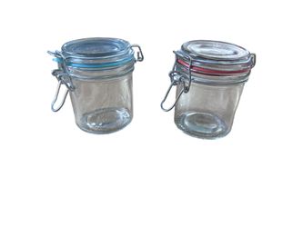 Set of Two Airtight Clear Glass Jars with Colored Lids, 8 oz each.