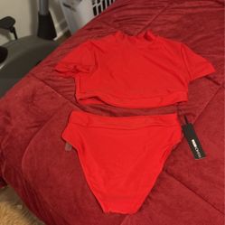 New Red Two Piece Bathing Suit Size Medium 