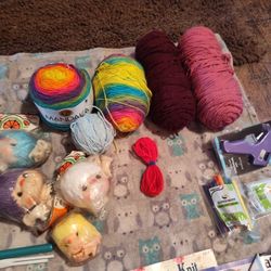 Yarn And Crochet Hooks And Doll Heads And Glue Gun And Glue Sticks Brand New