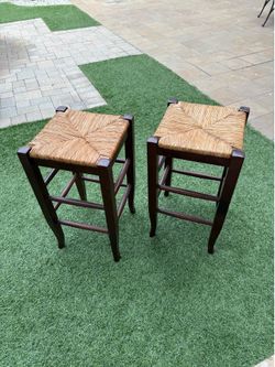 Set of 2 Counter Height Bar Stools 25” Tall Rattan and Wood