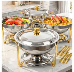 New in box Chafing Dishes for Buffet, 4 Pack 6QT Round Stainless Steel Chafers Sets, Rolled-Edge Food Warmers for Parties, Catering, Weddings, Events 